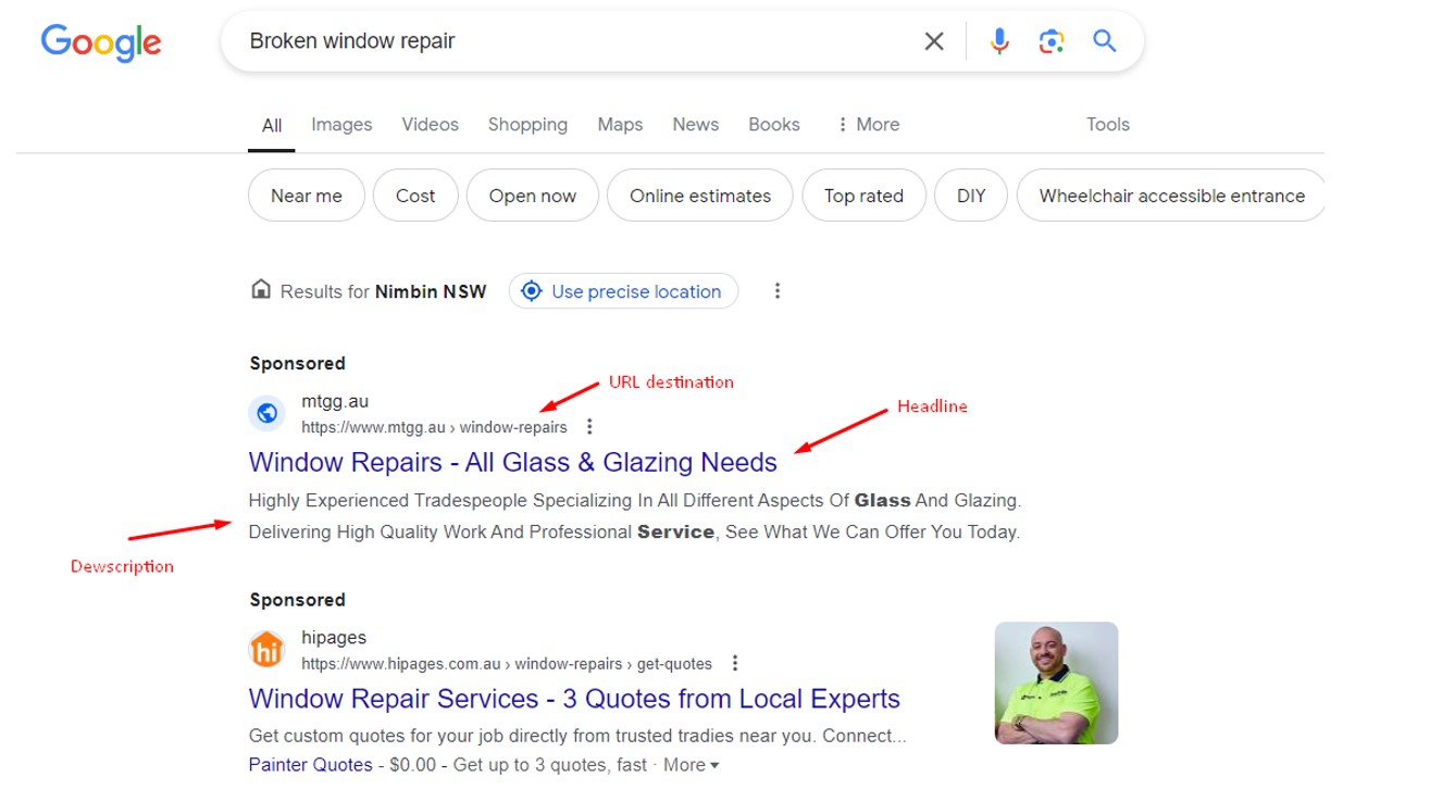 What do Headlines, Descriptions and URLs look like on Google Ads